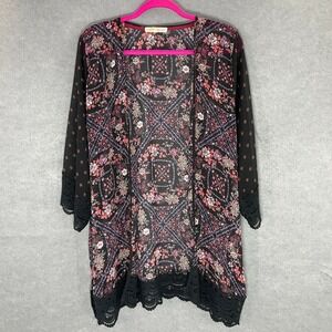 Rewind Kimono Floral Print Open Front Sheer with‎ Lace Trim Black Whimsigoth XL